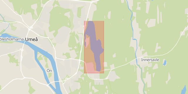 Karta som med röd fyrkant ramar in Nydalasjön, Kinabron, Umeå, Västerbottens län