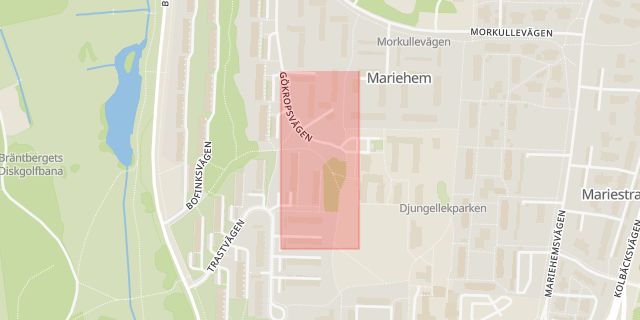 Karta som med röd fyrkant ramar in Mariehem, Umeå, Västerbottens län