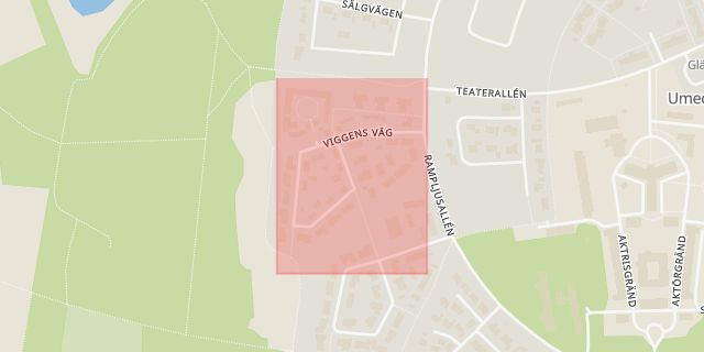 Karta som med röd fyrkant ramar in Umedalen, Videvägen, Viggens Väg, Umeå, Västerbottens län