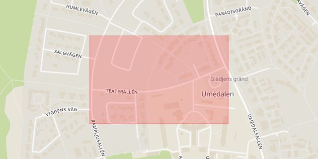 Karta som med röd fyrkant ramar in Umedalen, Teaterallén, Umeå, Västerbottens län