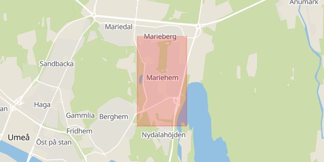 Karta som med röd fyrkant ramar in Sveriges Radio, Mariehemsvägen, Umeå, Västerbottens län