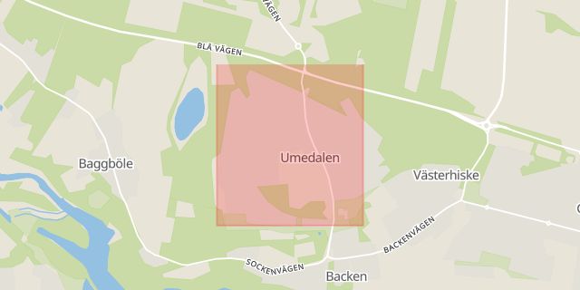 Karta som med röd fyrkant ramar in Umedalen, Umeå, Västerbottens län
