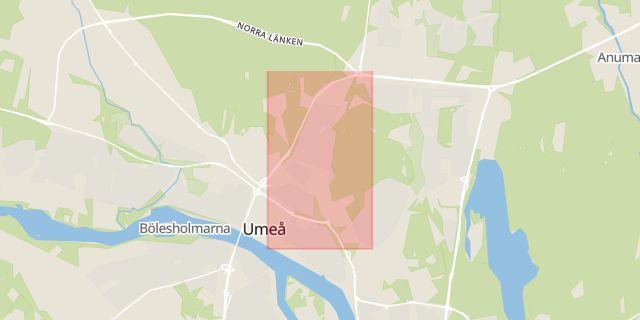 Karta som med röd fyrkant ramar in Östra Kyrkogatan, Umeå, Västerbottens län