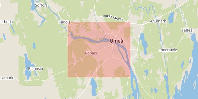 Karta som med röd fyrkant ramar in Blå Vägen, Umedalen, Umeå, Västerbottens län