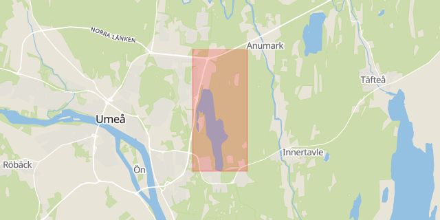 Karta som med röd fyrkant ramar in Nydala, Umeå, Västerbottens län