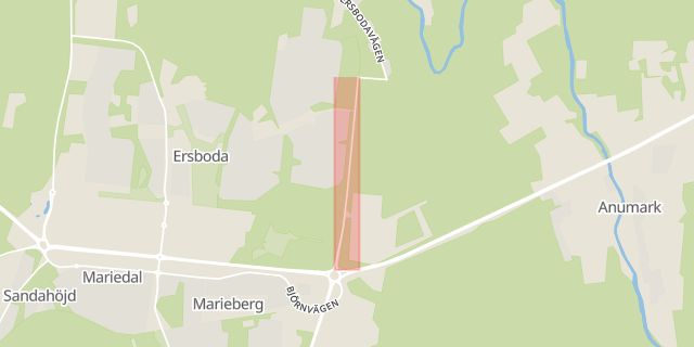 Karta som med röd fyrkant ramar in Ersboda, Kolbäcksvägen, Umeå, Västerbottens län