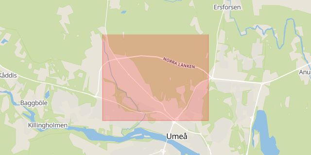 Karta som med röd fyrkant ramar in Västerslätt, Umeå, Västerbottens län