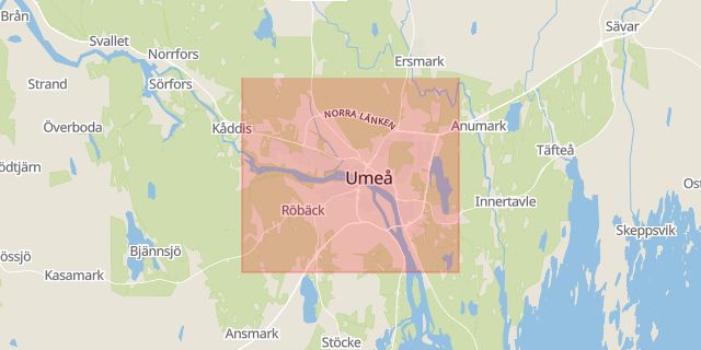 Karta som med röd fyrkant ramar in Umeå, Bölevägen, Lycksele, Tomtebo, Skellefteå, Västerbottens län