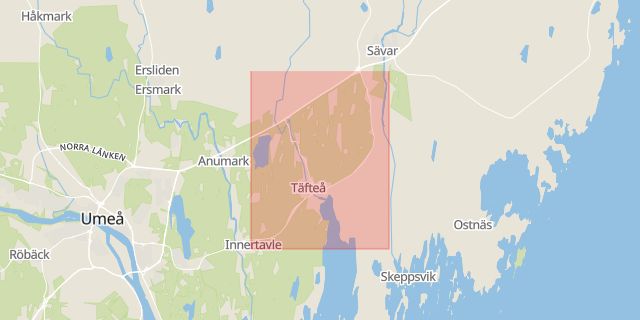 Karta som med röd fyrkant ramar in Täfteå, Skomakarvägen, Umeå, Västerbottens län