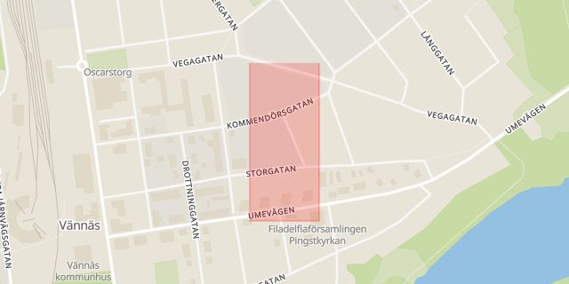 Karta som med röd fyrkant ramar in Konstnärsgatan, Vännäs, Västerbottens län