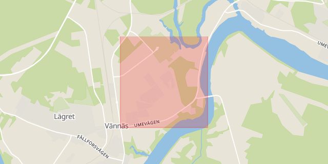 Karta som med röd fyrkant ramar in Umevägen, Vännäs, Västerbottens län