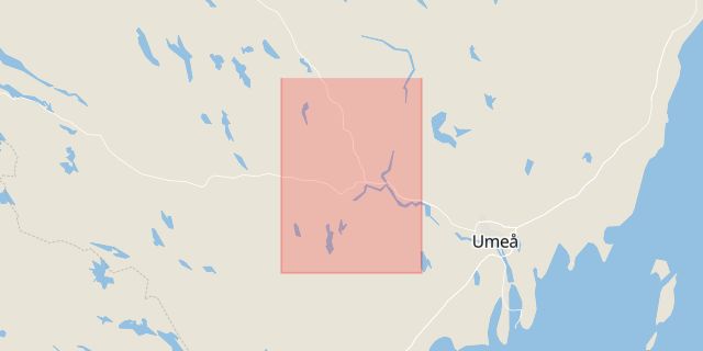 Karta som med röd fyrkant ramar in Vännäs, Västerslätt, Umeå, Bilprovningen, Bolidenvägen, Ålidhem, Kågevägen, Västerbottens län