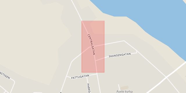 Karta som med röd fyrkant ramar in Adamsgatan, Centralgatan, Åsele, Västerbottens län