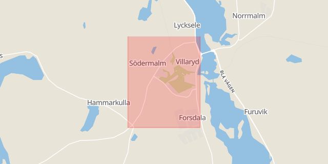 Karta som med röd fyrkant ramar in Vilhelminavägen, Lycksele, Västerbottens län