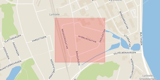 Karta som med röd fyrkant ramar in Magasinsgatan, Lycksele, Västerbottens län