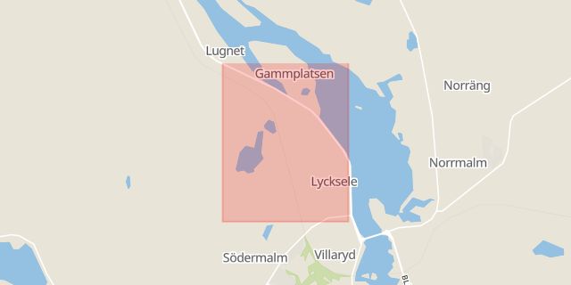 Karta som med röd fyrkant ramar in Storgatan, Lycksele, Västerbottens län