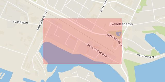 Karta som med röd fyrkant ramar in Skelleftehamn, Södra Hamngatan, Skellefteå, Västerbottens län