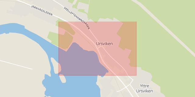 Karta som med röd fyrkant ramar in Kåge, Ursviken, Skellefteå, Västerbottens län
