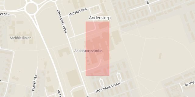 Karta som med röd fyrkant ramar in Anderstorpsskolan, Skellefteå, Västerbottens län