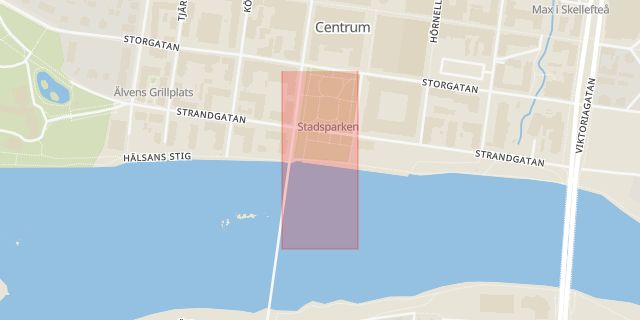 Karta som med röd fyrkant ramar in Länken, Strandpromenaden, Strandgatan, Skellefteå