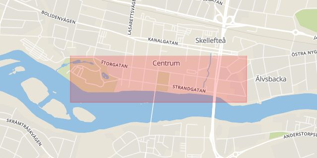 Karta som med röd fyrkant ramar in Strandgatan, Yttersta, Strandpromenaden, Skellefteå, Västerbottens län