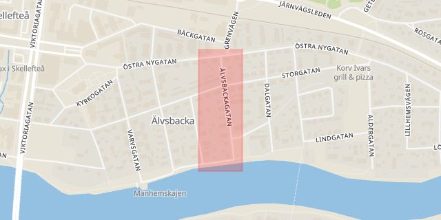 Karta som med röd fyrkant ramar in Manhemskajen, Älvsbacka, Skellefteå, Västerbottens län