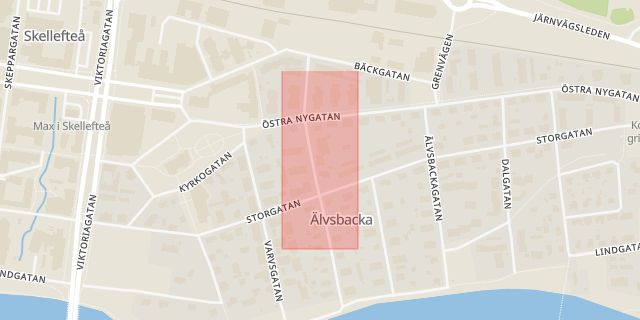 Karta som med röd fyrkant ramar in Älvsbacka, Föra, Skellefteå, Västerbottens län
