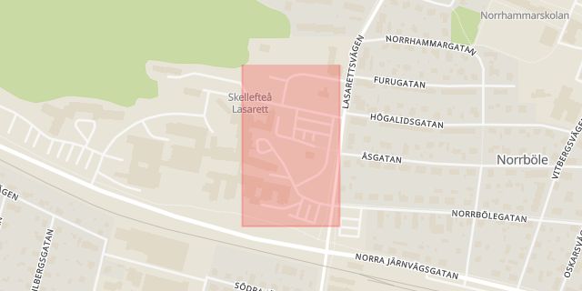 Karta som med röd fyrkant ramar in Ostvik, Skellefteå Lasarett, Skellefteå, Västerbottens län