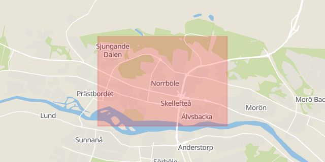 Karta som med röd fyrkant ramar in Norrböle, Skellefteå, Västerbottens län