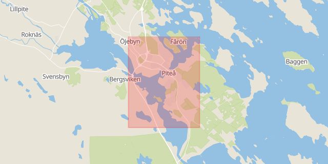 Karta som med röd fyrkant ramar in Piteå, Hortlax, Pajala, Älvsbyn, Korsträsk, Luleå, Bensbyn, Norrbottens län