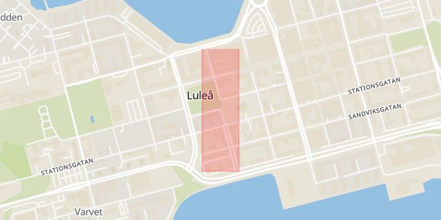 Karta som med röd fyrkant ramar in Kyrkogatan, Luleå, Norrbottens län