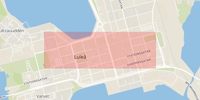 Karta som med röd fyrkant ramar in Storgatan, Luleå, Norrbottens län