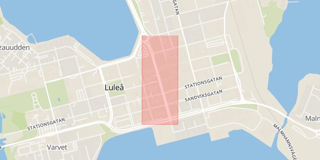 Karta som med röd fyrkant ramar in Smedjegatan, Luleå, Norrbottens län