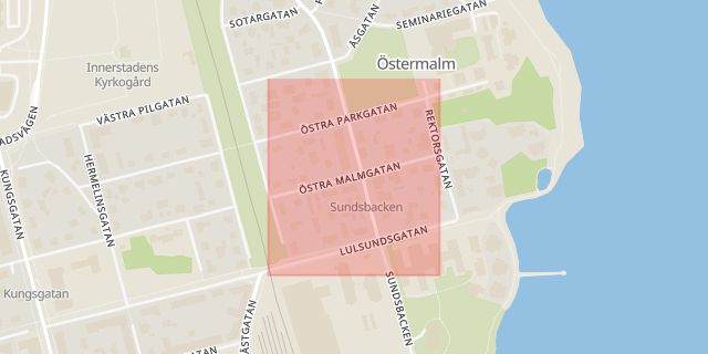 Karta som med röd fyrkant ramar in Östra Malmgatan, Luleå, Norrbottens län