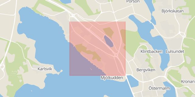 Karta som med röd fyrkant ramar in Mjölkuddsvägen, Luleå, Norrbottens län
