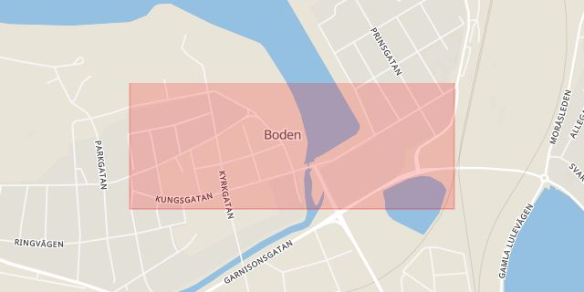 Karta som med röd fyrkant ramar in Kungsgatan, Prästholmen, Boden, Norrbottens län