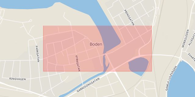 Karta som med röd fyrkant ramar in Boden, Kungsgatan, Norrbottens län