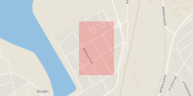 Karta som med röd fyrkant ramar in Fabriksgatan, Boden, Norrbottens län