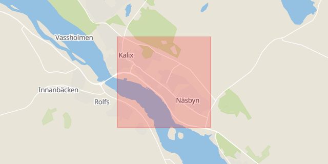 Karta som med röd fyrkant ramar in Centrumvägen, Näsbyn, Kalix, Norrbottens län