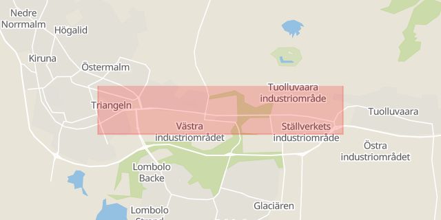Karta som med röd fyrkant ramar in Malmvägen, Kiruna, Norrbottens län